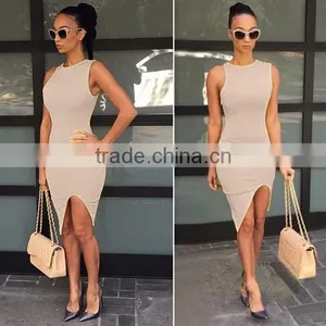 Sexy Women O-Neck Sleeveless Asymmetric Hem Solid Slim Bodycon Split Casual Dress thumbnail-3