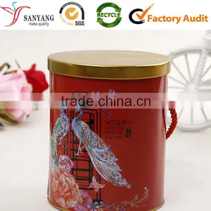 Fashion Colored Printed Tin Cookie Biscuit Food Packaging Box Round Metal Box With Handle thumbnail-1
