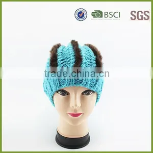 Blue Color Custom Knitted Pom Beanie Hat With Fur thumbnail-1