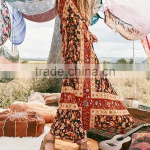 Bohemian Front Button Down Vintage Long Sleeve One Piece Maxi Dress HSd5170 thumbnail-4