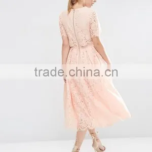 Pink Lace Crop Top and Puff Skirt Wedding Dress Girl's Short Sleeve Prom Two Piece Set thumbnail-4