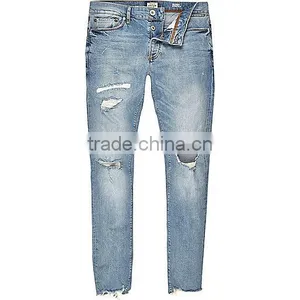 Men Five Pockets Light Blue Wash Super Skinny Ripped Jeans thumbnail-6