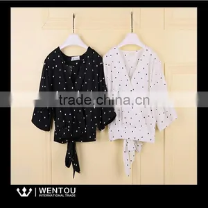 Wholesale Ladies Short Sleeve V Neck Dot Print Blouse thumbnail-1