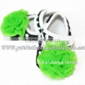 Baby Black White Polka Dots Crib Shoes With Dark Green Rose MAS45 thumbnail-1