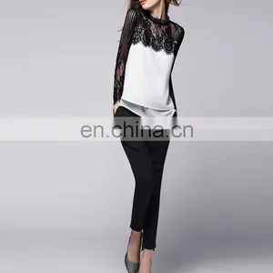 Office Lady Elegant Stand Lace Collar With White Crepe Long Sleeves Sexy Blouse thumbnail-5