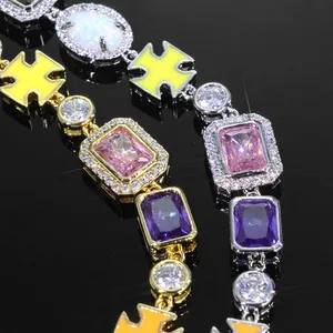 Geometric Colorful CZ Gemstone Chain Bracelet 10mm Silver Gold Multi Color Enamel Motif Hip Hop Unisex Jewelry Gift thumbnail-5