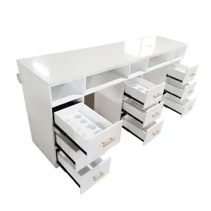Luxury White Leather Tufted Nail Table for Nail Manicure Salon With Dust Collector & Drawers for Workshops thumbnail-5