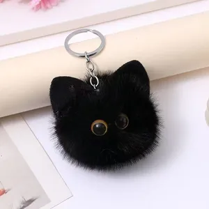 Cute Black Faux-fur Cat Face Pompom Keychain thumbnail-3