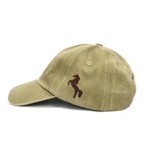 Factory Price Custom 6 Panel Washed Hat Low MOQ Khaki Side Horse Embroidery Sport Cap thumbnail-2