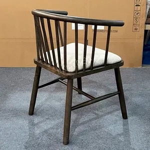 Nordic Style Solid Rubber Wood Windsor Dining Arm Chair Soft Linen Cushion Ergonomic Curved Backrest Durable Hotel Dining Chair thumbnail-4