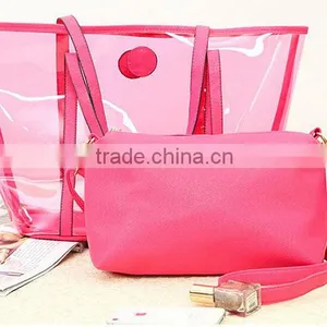 Transparent Style 2 in One Women Leather Bags Handbag Clutch Tote Shoulder Bag Beach Bags Red.PVC Beach Bag thumbnail-1