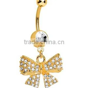 Gold Clear Gem Girly Bow Dangle Belly Ring thumbnail-1