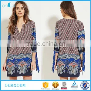 2016 V Neck Rayon Printed Loose Blouse Dress For Contemporary Women thumbnail-1