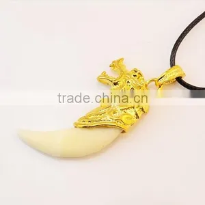 Retro Cool Men's Charm Choker Wolf Tooth Pendant Genuine Leather Alloy Necklace thumbnail-3