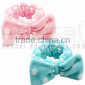 2 Pcs Flannel Women Elastic Bowknot Towel Headband Hairlace for Face Washing Makeup Cosmetic Shower Pink and Blue thumbnail-1