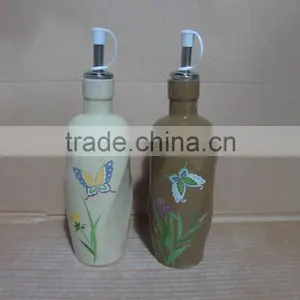 Ceramic Cream Brown Glaze Flower Design Oil Olive and Vinegar Bottle Set thumbnail-1