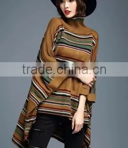 2016 New Fashion Korean Style Mid Long High Collar Women Stripe Batwing-sleeved Pullover Sweater thumbnail-5