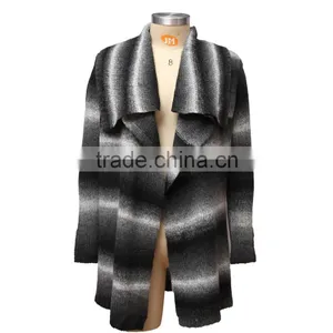 Striped Acrylic Women Cardigan Sweater With Turn Down Collar and Long Sleeves thumbnail-1