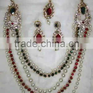 Maroon Green RANI HAAR Stone Gold Plated BRIDAL Necklace EARRING Set thumbnail-2