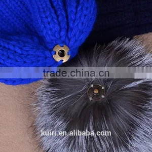 Knitted Hat With Snap Silver Fox Fur Ball on Top thumbnail-1