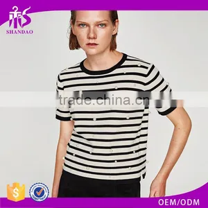 Guangzhou Shandao Garment OEM Service New Design Beaded Style 160g 100% Cotton Short Sleeve O-Neck Striped Women's T Shirts thumbnail-1