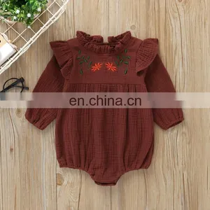 Wholesale Fashion Romper Full Sleeve Ruffle Flower Embroidery Baby Linen Romper thumbnail-5