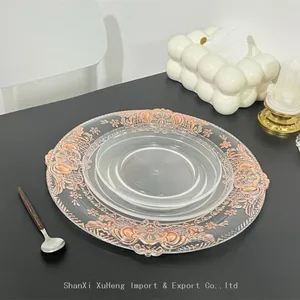 Luxury 13 Inch Round Rose Gold Bronzing Flower Plastic Charger Plate For Wedding Party thumbnail-4