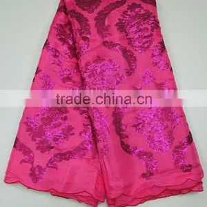 Latest Design Popular Embroidery Silk Lace Color Fuchsia Pink 100% Cotton Korea Silk Fabric thumbnail-1