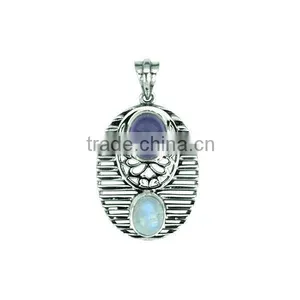 925 Sterling Silver Cabochon Amethyst & Rainbow Moonstone Pendant Jewelry thumbnail-1