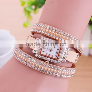 2016 New Product Vintage Fashion Watch, Leather Watch Bracelet With Pearl and Stones thumbnail-1