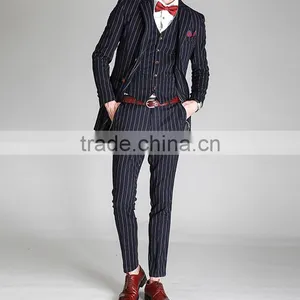 2017 Latest Design 3 Pieces Suits With Long Blazer Waistcoat and Pants Dark Blue Stripe Suite Made in China thumbnail-1