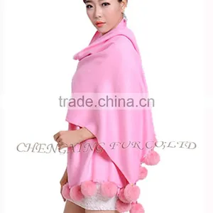 CX-B-P-42D Women Winter Genuine Mongolian Sheep Rabbit Fur Trim Pashmina Shawls With Fur thumbnail-6