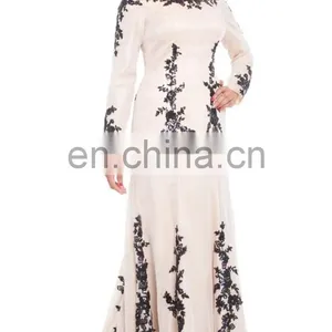 China OEM Long Sleeve Muslim Evening Dress Sequined Silk Beige Muslim Women Formal Dress, Muslim Evening Gown With Wrap Hijab thumbnail-5