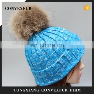 New Product Colorful Knit Hats Wholesale Fancy Raccoon Fur Ball Women Floppy Hat thumbnail-1