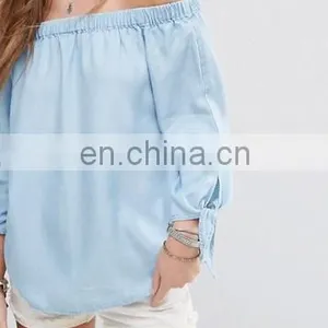 Sexy Off-Shoulder Light Blue Denim Tops With 3/4 Knot Tie Sleeves thumbnail-1