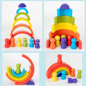 Wooden Rainbow STEM Montessori Toys Sorting Stacking Games Puzzles Kids Educational Kit Wooden Rainbow Tower Stacker Building Blocks thumbnail-5