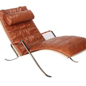 Mid-Century Leather Chaise Lounge Chair, FK87 Grasshopper Chair Replica With Polished Stainless Steel Frame for Living Room Hotel thumbnail-1