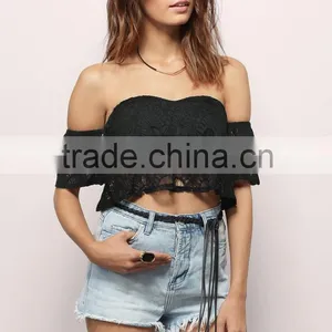 2016 Off Shoulder Pink Lace Crop Top thumbnail-6