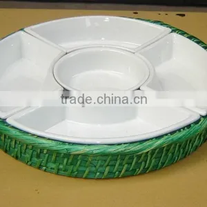 Rattan Table Candy Holder, White Rattan and Ceramic Tray Round thumbnail-1