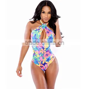 Sexy Women Hot Beach Jumpsuit Print Flower One-piece Beach Wear Backless Bodycon Slim Tight Sleeveless Halpter Swimwear thumbnail-2
