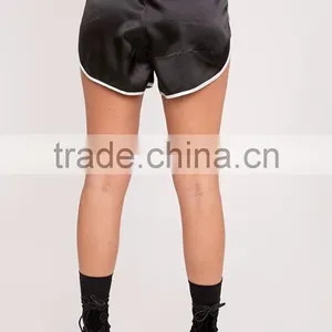 High Waist Women Plain Black Satin Contrast Binding Runner Shorts With High Curved Side thumbnail-3