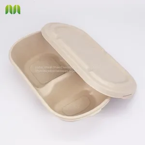 Sugarcane Bagasse Take Out Food Container 2 Compartment Oval Bgasse Bowl With Lid thumbnail-3