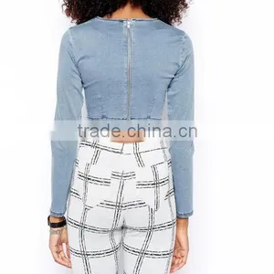 2014 European New Arrivals Sexy Denim Tops Fashion Style Short Tops With Long Sleeves thumbnail-2
