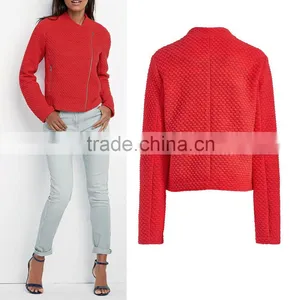Red Textured Autumn Long Sleeve Zipper Front Biker Jacket thumbnail-1