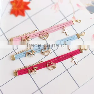 Gold Love Heart Cross Horse Feather Charms Sude Leather Bracelet Multi Layer Velvet Leather Bracelet thumbnail-2