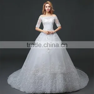 MGOO Off Shoulder Short Sleeve Shinny Beaded Lace Hem A-line Floor Length Wedding Dress Crisscross Back thumbnail-3