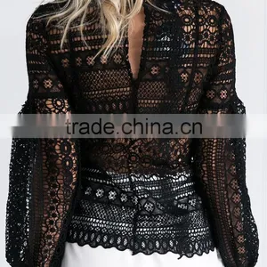 Runwaylover 118 Ladies 2017 Fashion Puff Sleeve Lace Transparent Blouse thumbnail-6