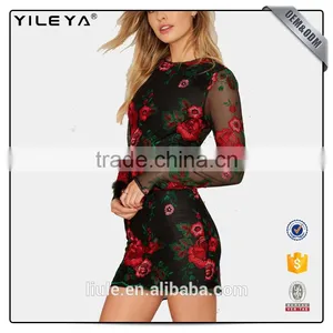 Embroidered Long Sleeve Latest Black Dress Women Party thumbnail-1