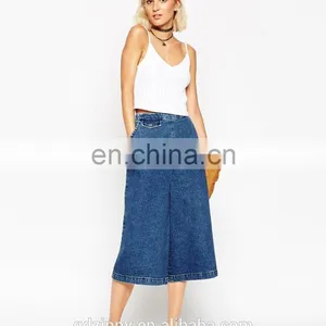 2015 New Fashion Denim Culottes Pants in Mid Blue Wash for Women thumbnail-2
