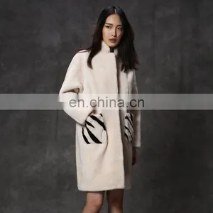 Hot Sales Merino Lamb Fur Long Coat With Zebra Pattern Pocket for Women thumbnail-6